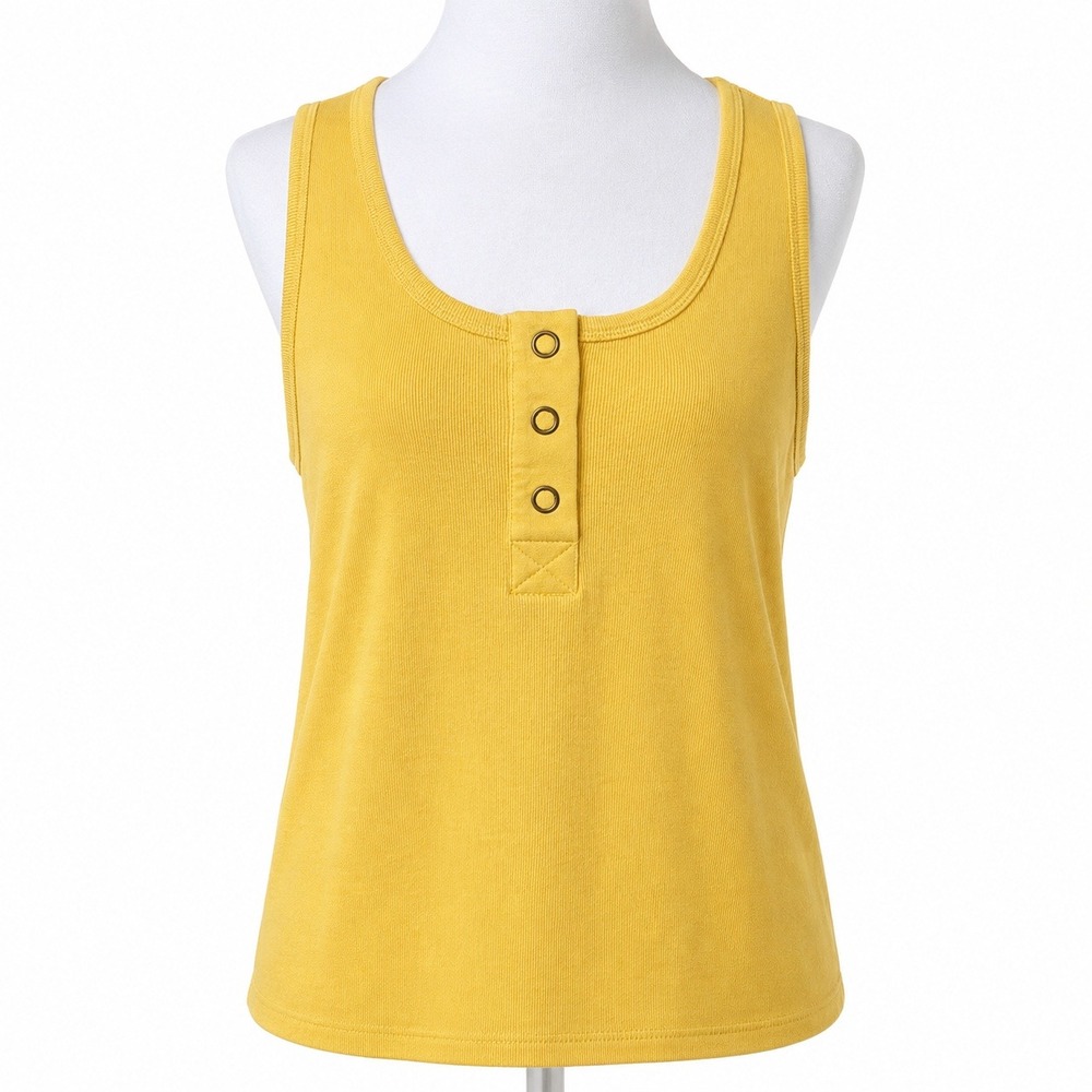 Natural Reflections Yellow Ribbed Henley Tank Top Cotton Blend Sleeveless Large